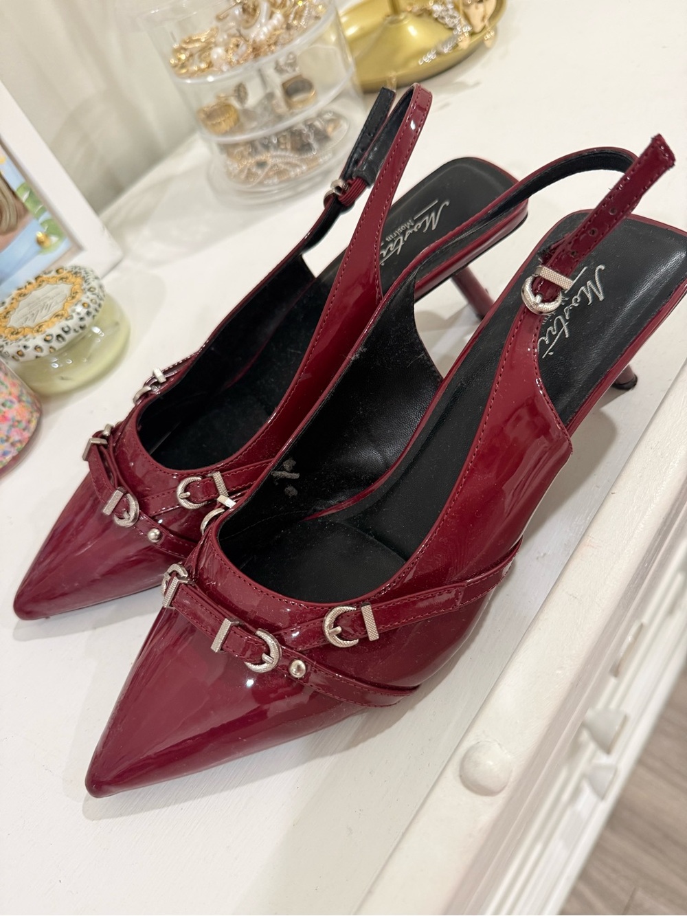 Women's Burgundy Patent Slingback Pointed-Toe Heels